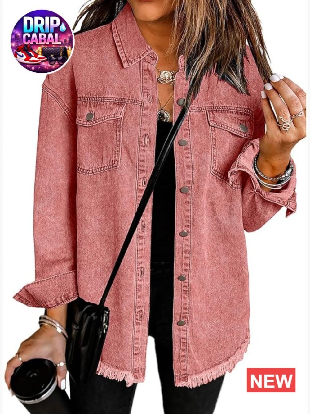 Oversized Button Up Frayed Hem Shacket Long Sleeve Pockets Denim Jean Jacket